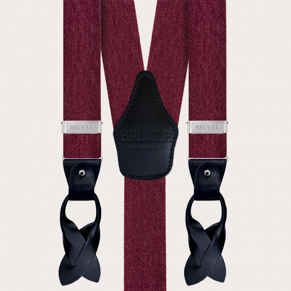 Bordeauxfarbene elastische Hosenträger im Jeans-Look, zur Verwendung mit Knöpfen oder Clips