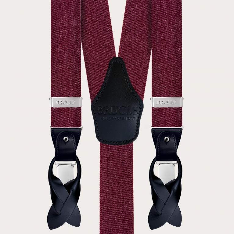 Bretelle elastiche bordeaux effetto jeans, uso bottoni o clip