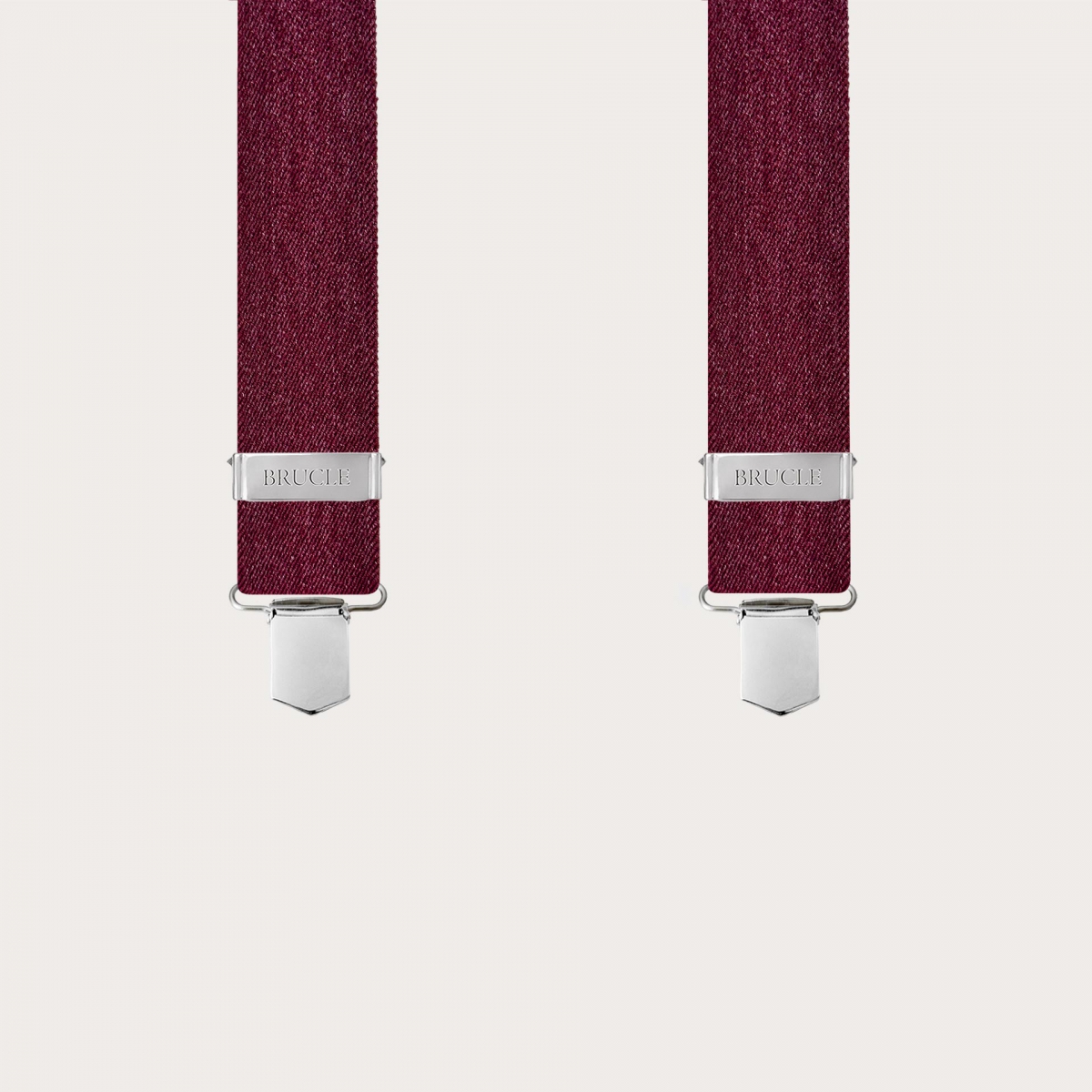 Unisex X-shaped burgundy suspenders with a jeans effect