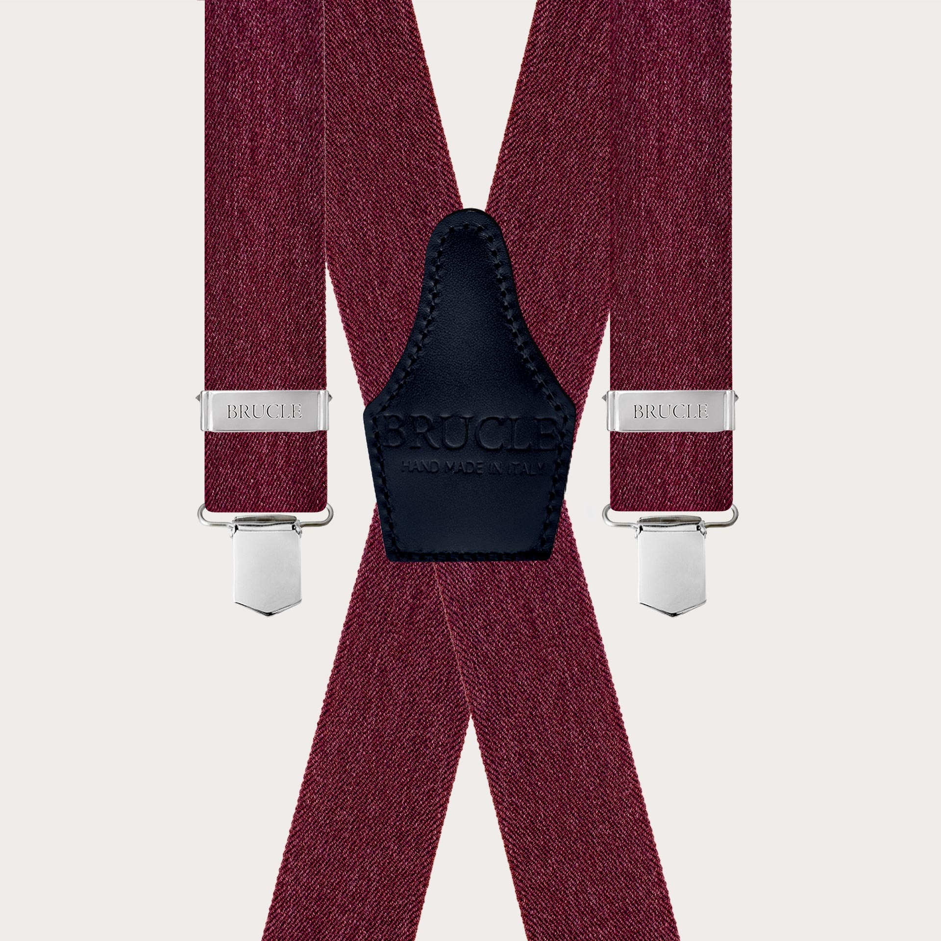 Unisex X-shaped burgundy suspenders with a jeans effect