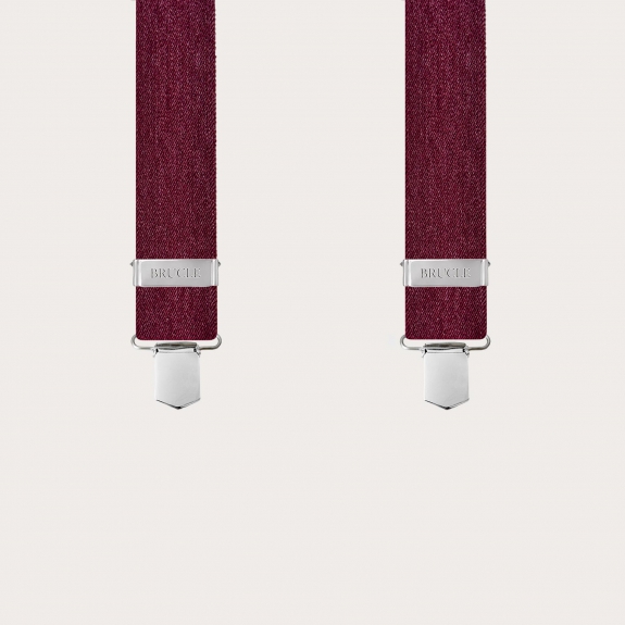 Wide Y-shaped burgundy suspenders with a jeans effect