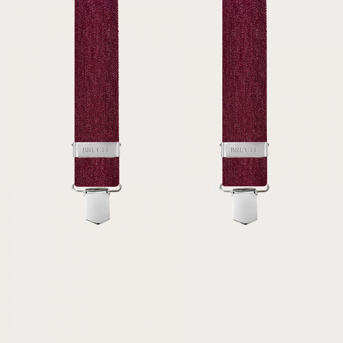 Wide Y-shaped burgundy suspenders with a jeans effect