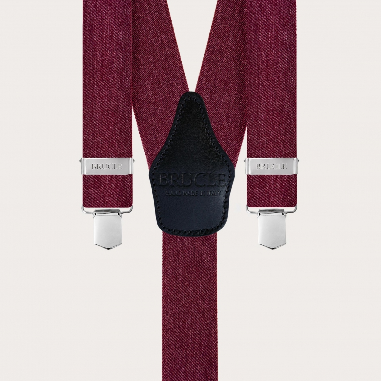 Wide Y-shaped burgundy suspenders with a jeans effect