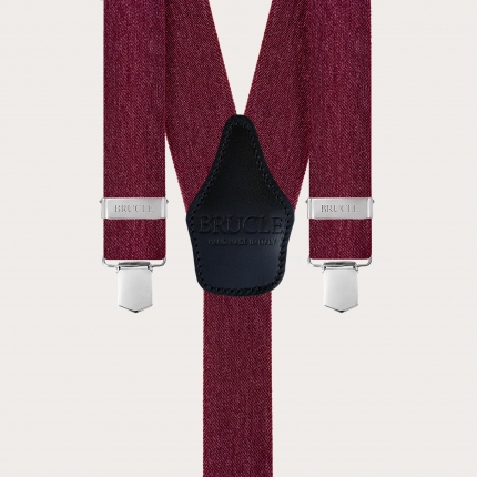 Wide Y-shaped burgundy suspenders with a jeans effect