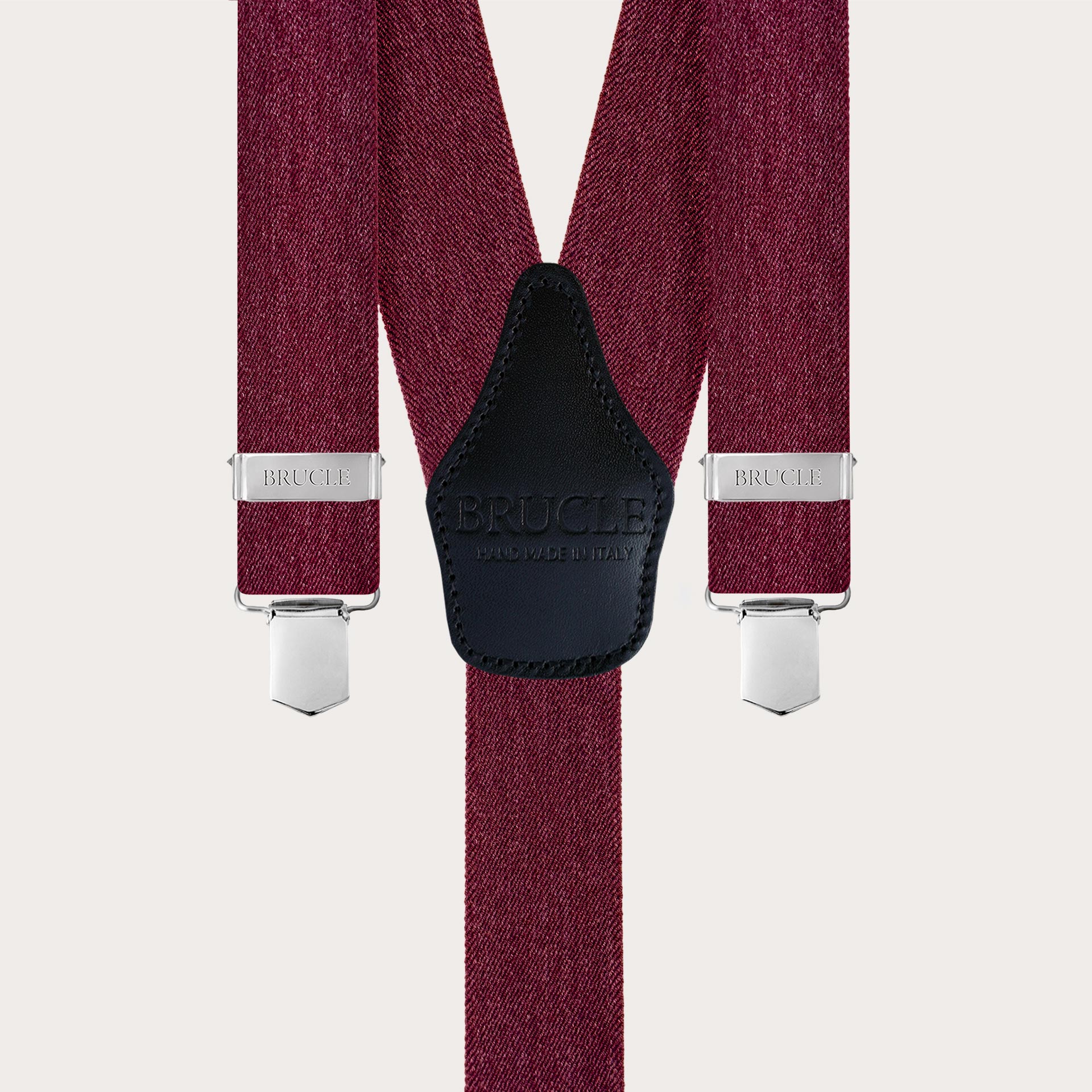 Wide Y-shaped burgundy suspenders with a jeans effect