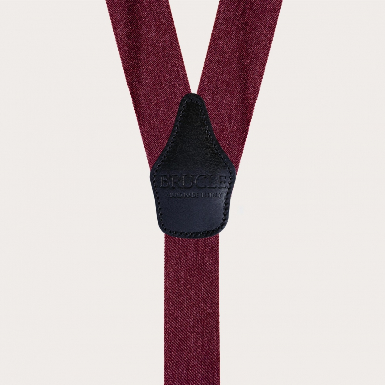 Wide Y-shaped burgundy suspenders with a jeans effect