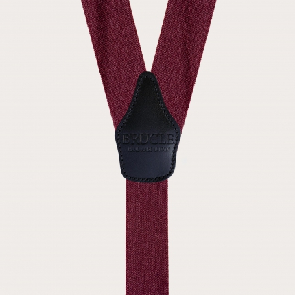 Wide Y-shaped burgundy suspenders with a jeans effect