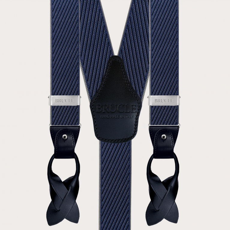 Elegant suspenders with diagonal stripes in blue, grey, and navy, dual use