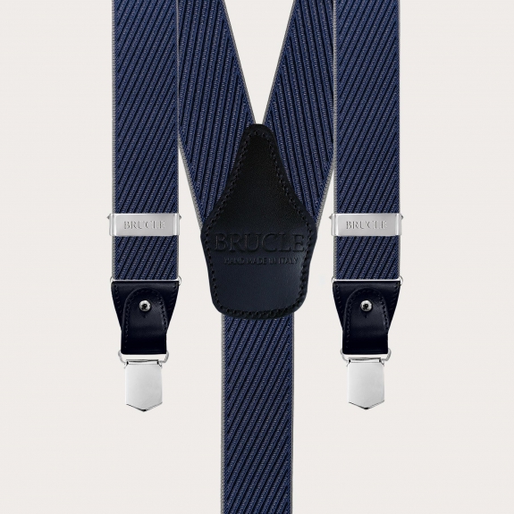 Elegant suspenders with diagonal stripes in blue, grey, and navy, dual use