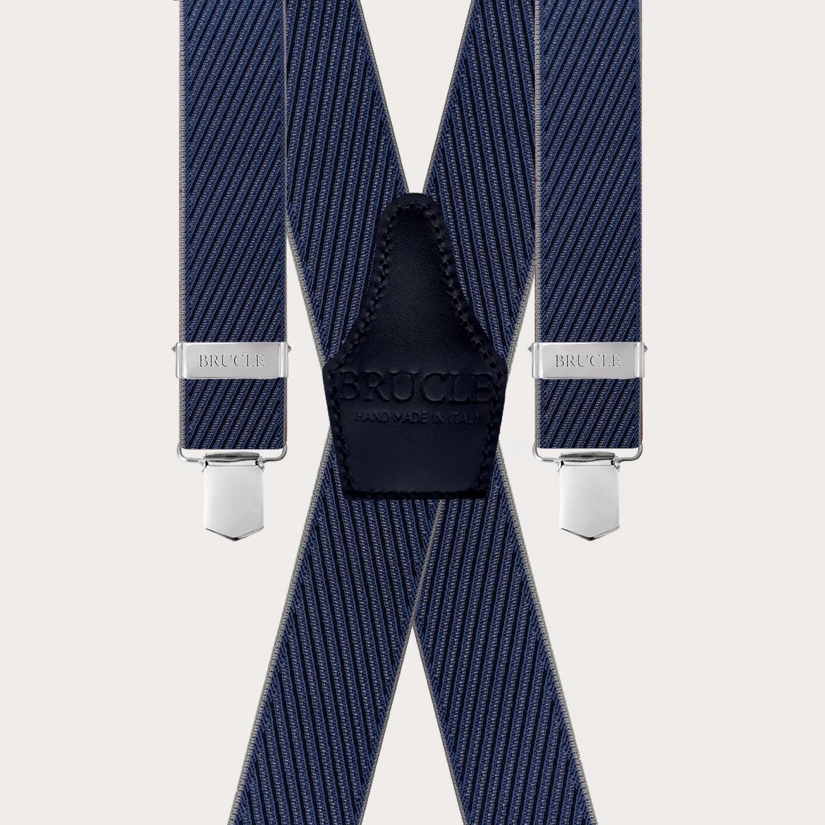 Elegante Herrenhosenträger mit diagonalen blauen und grauen Streifen in X-Form, nur mit Clips