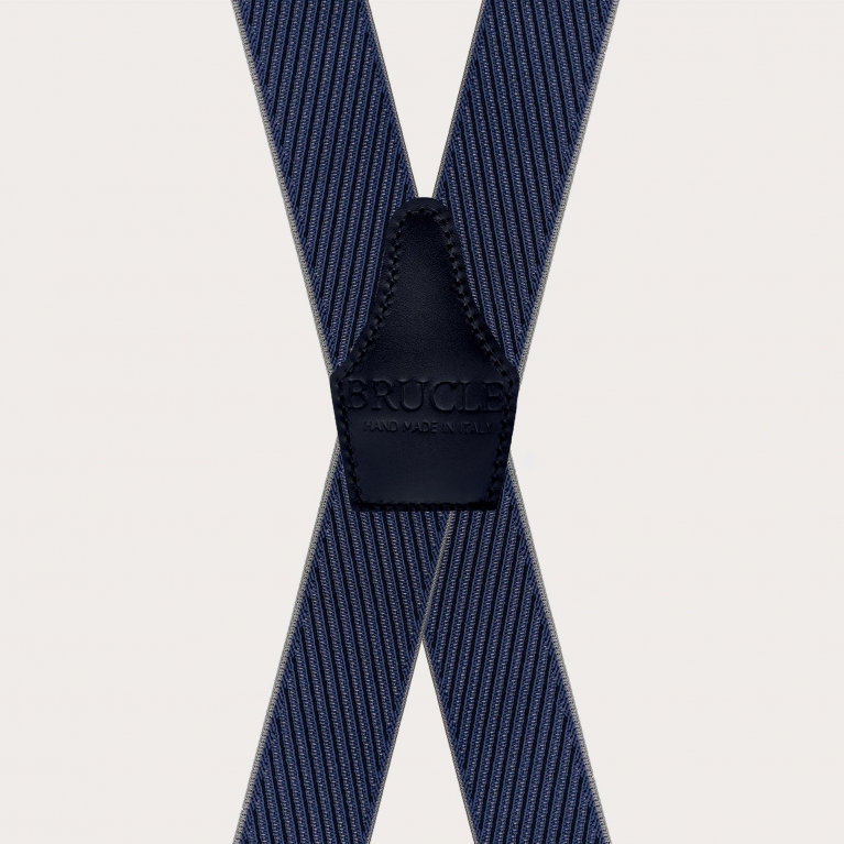 Elegant men's suspenders with diagonal blue and grey stripes in X shape, clip only