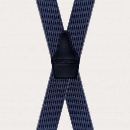 Elegant men's suspenders with diagonal blue and grey stripes in X shape, clip only