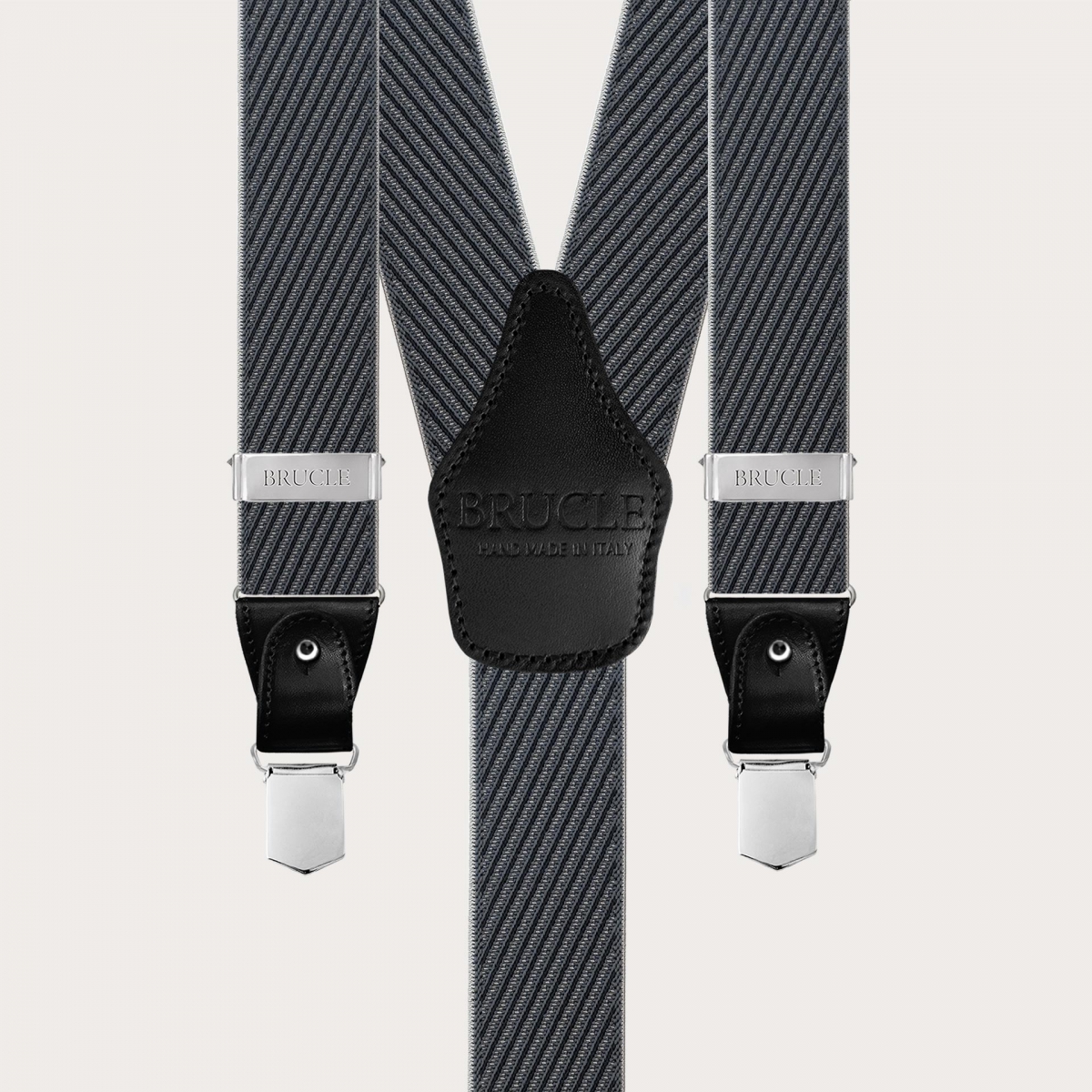 Elegant men's suspenders with diagonal black and grey stripes, dual use