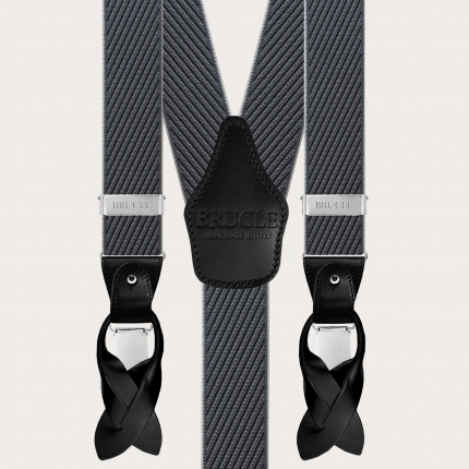 Elegant men's suspenders with diagonal black and grey stripes, dual use