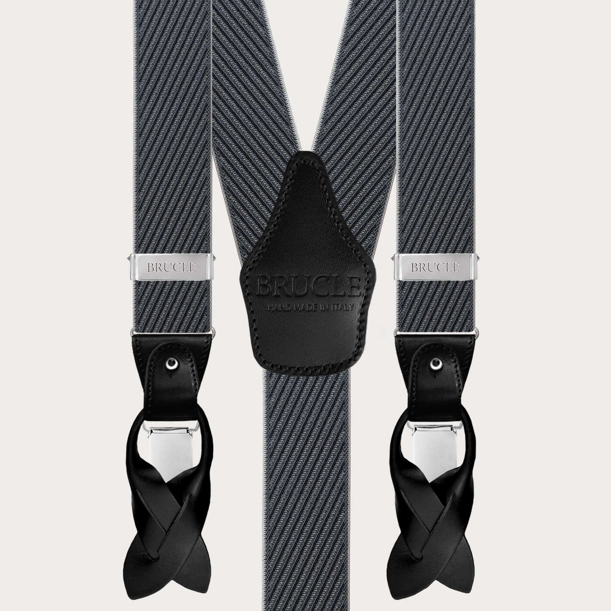 Bretelle eleganti uomo a righe oblique nere e grigie doppio uso