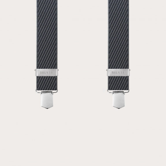 Men's black X-shaped suspenders with diagonal stripes, clip only