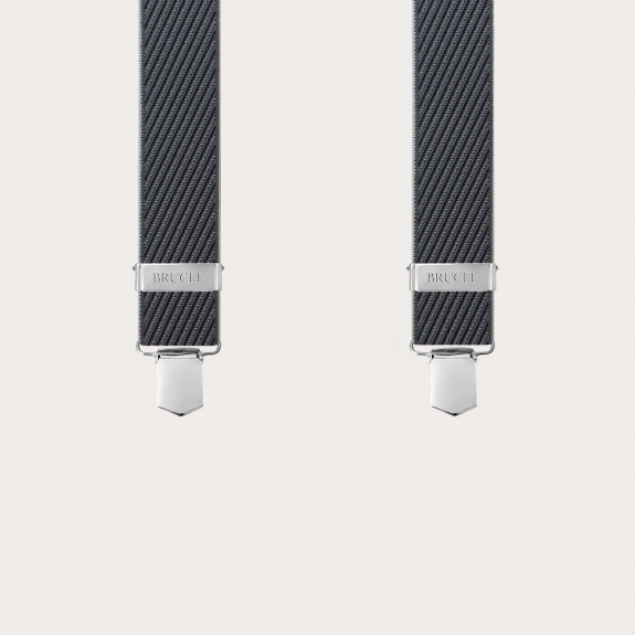 Men's black X-shaped suspenders with diagonal stripes, clip only