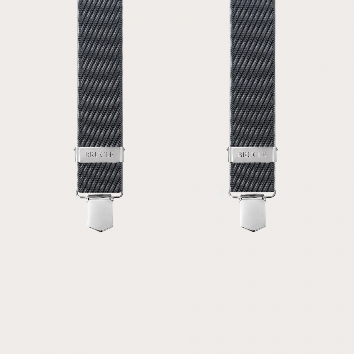Men's black X-shaped suspenders with diagonal stripes, clip only
