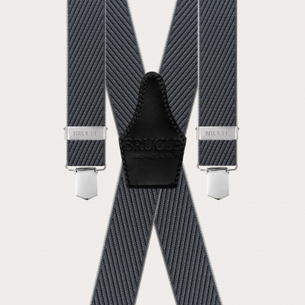 Men's black X-shaped suspenders with diagonal stripes, clip only