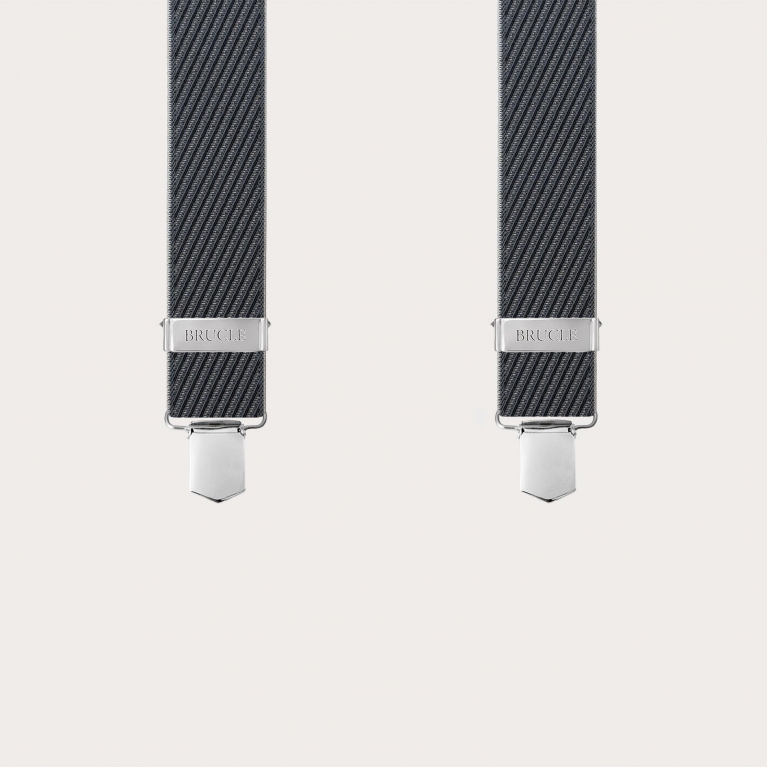 Black and grey striped elastic suspenders with clips