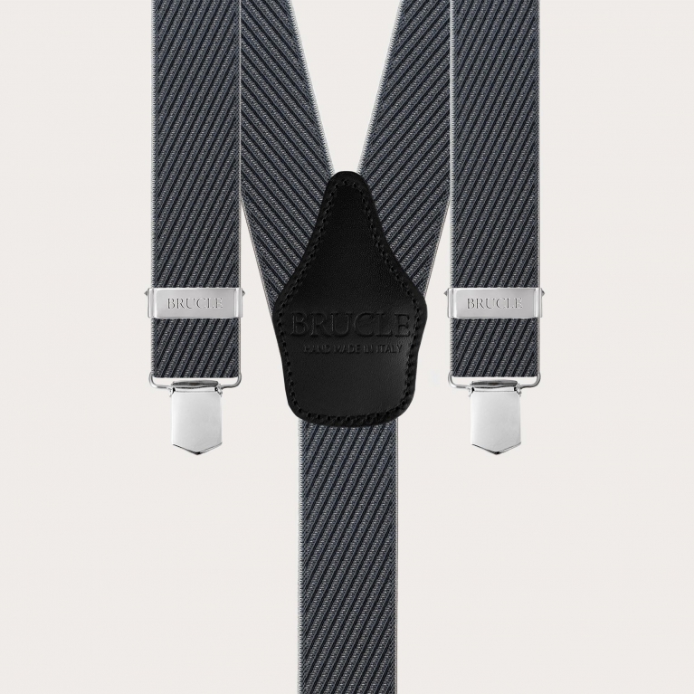Black and grey striped elastic suspenders with clips