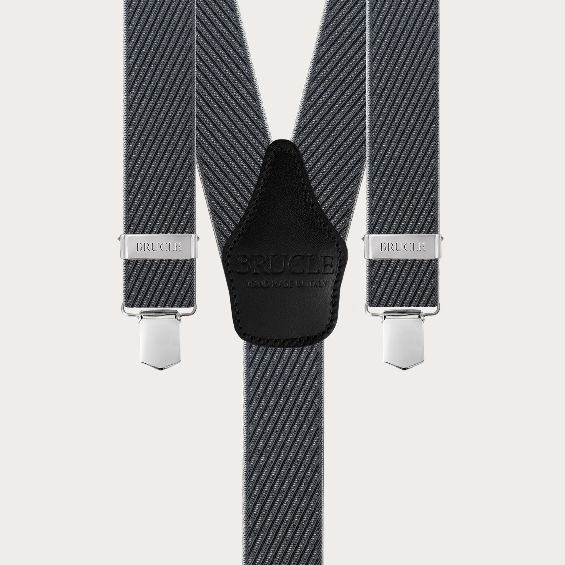 Black and grey striped elastic suspenders with clips
