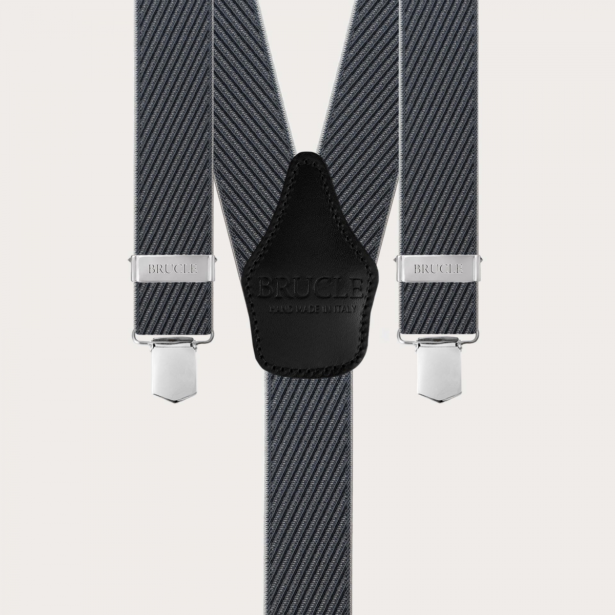 Black and grey striped elastic suspenders with clips