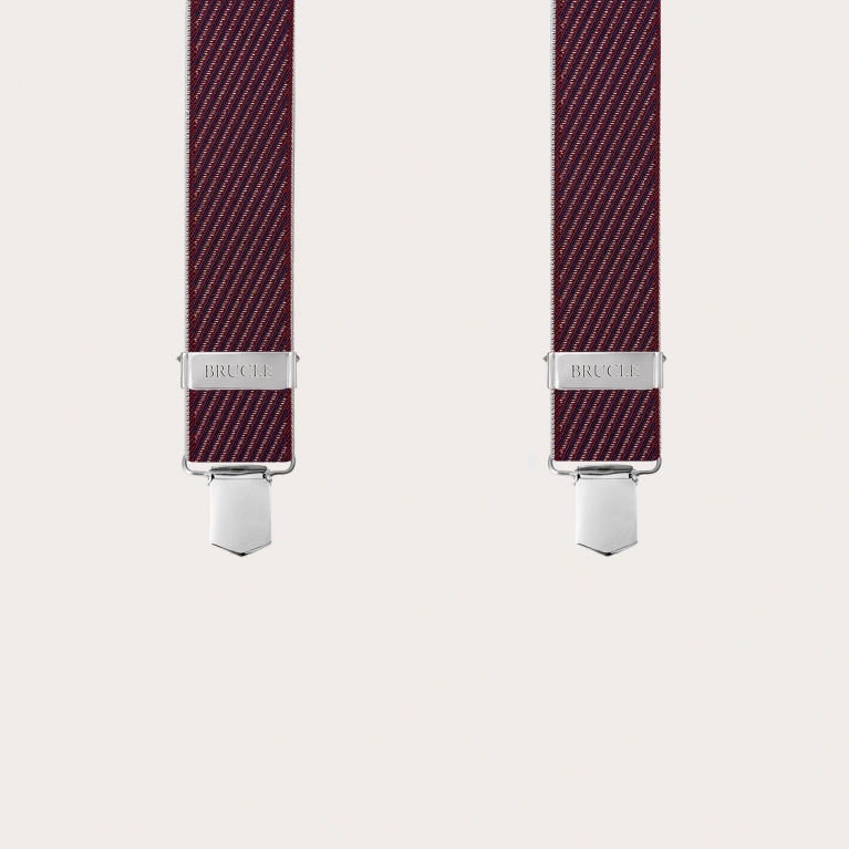 Men's burgundy X-shaped suspenders with diagonal stripes, clip only