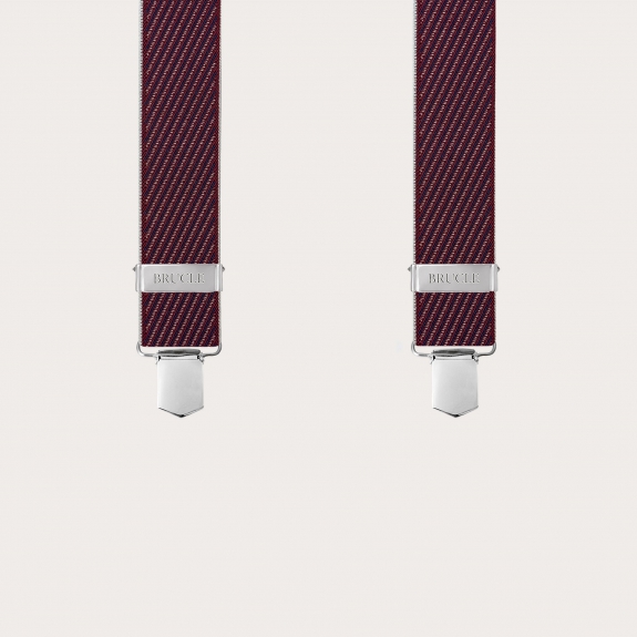 Herren X-förmige Bordeaux-Hosenträger mit schrägen Streifen, nur mit Clips