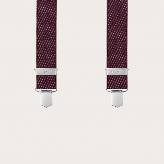 Men's burgundy X-shaped suspenders with diagonal stripes, clip only