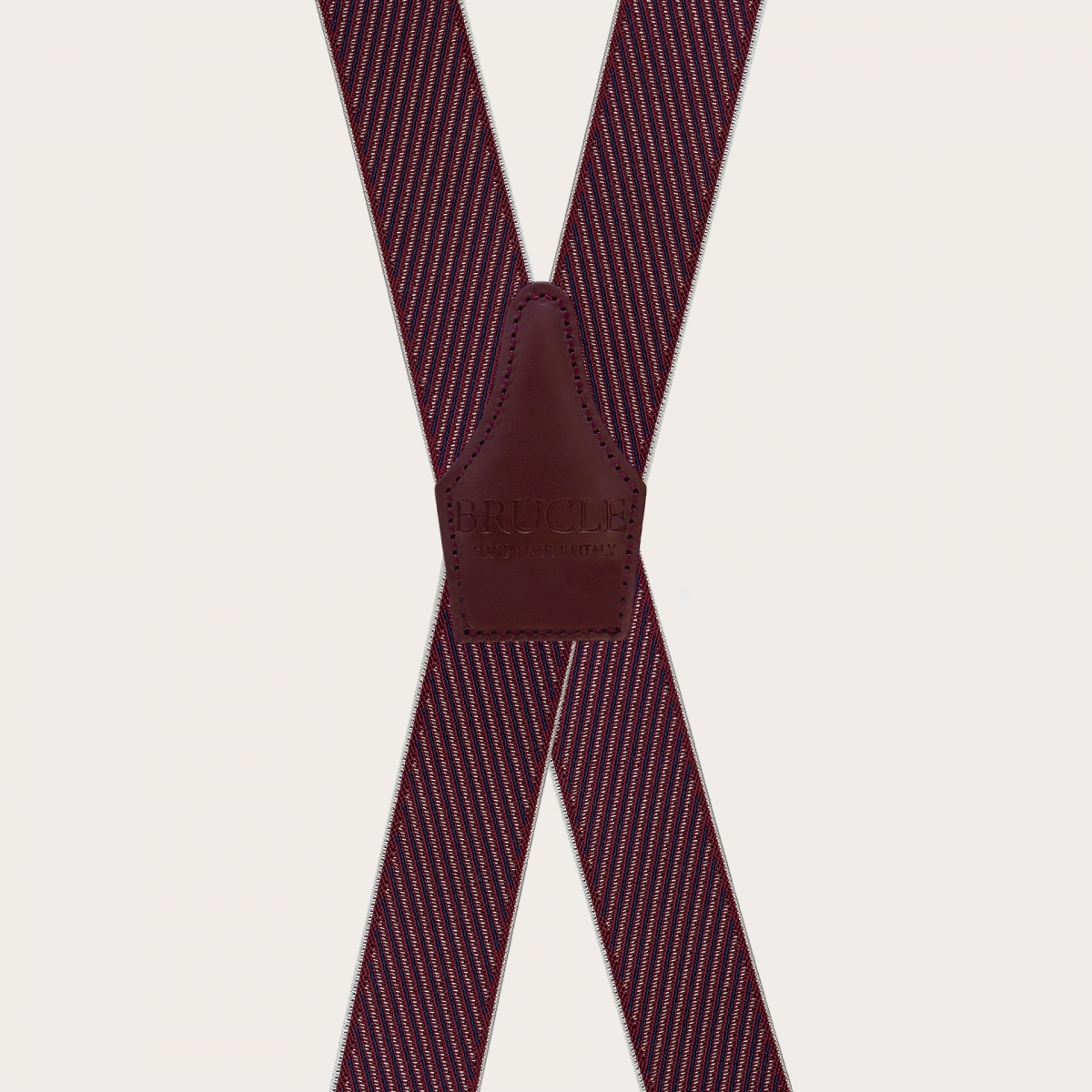 Men's burgundy X-shaped suspenders with diagonal stripes, clip only