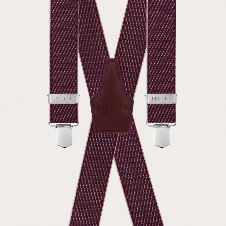 Herren X-förmige Bordeaux-Hosenträger mit schrägen Streifen, nur mit Clips