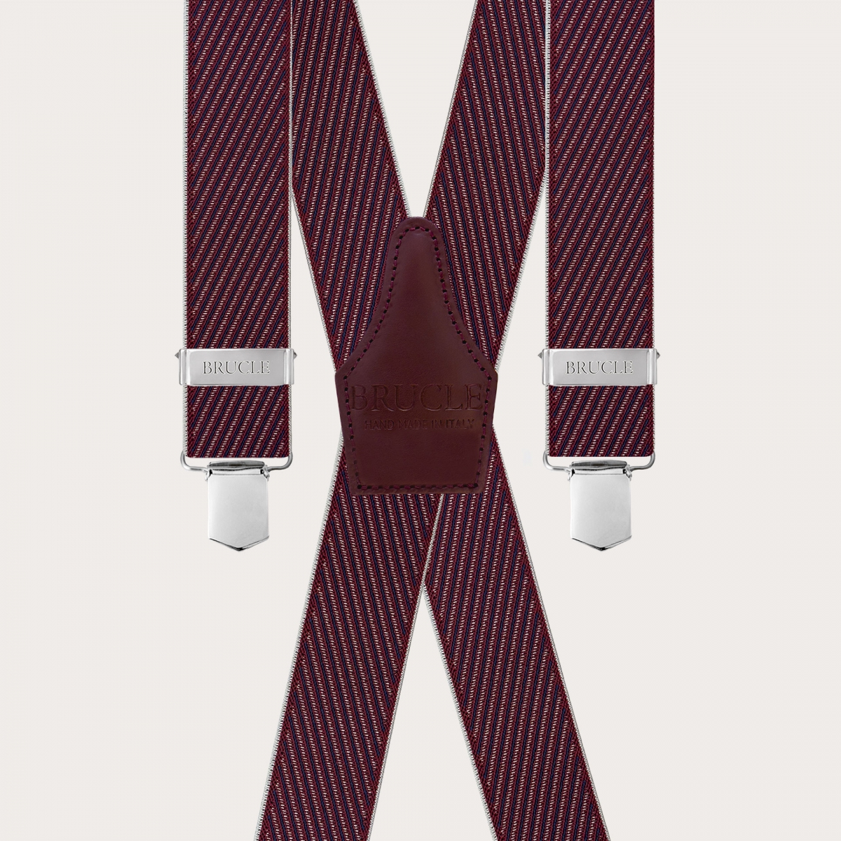 Tirantes para hombre en forma de X en color burdeos con rayas diagonales, solo con clips
