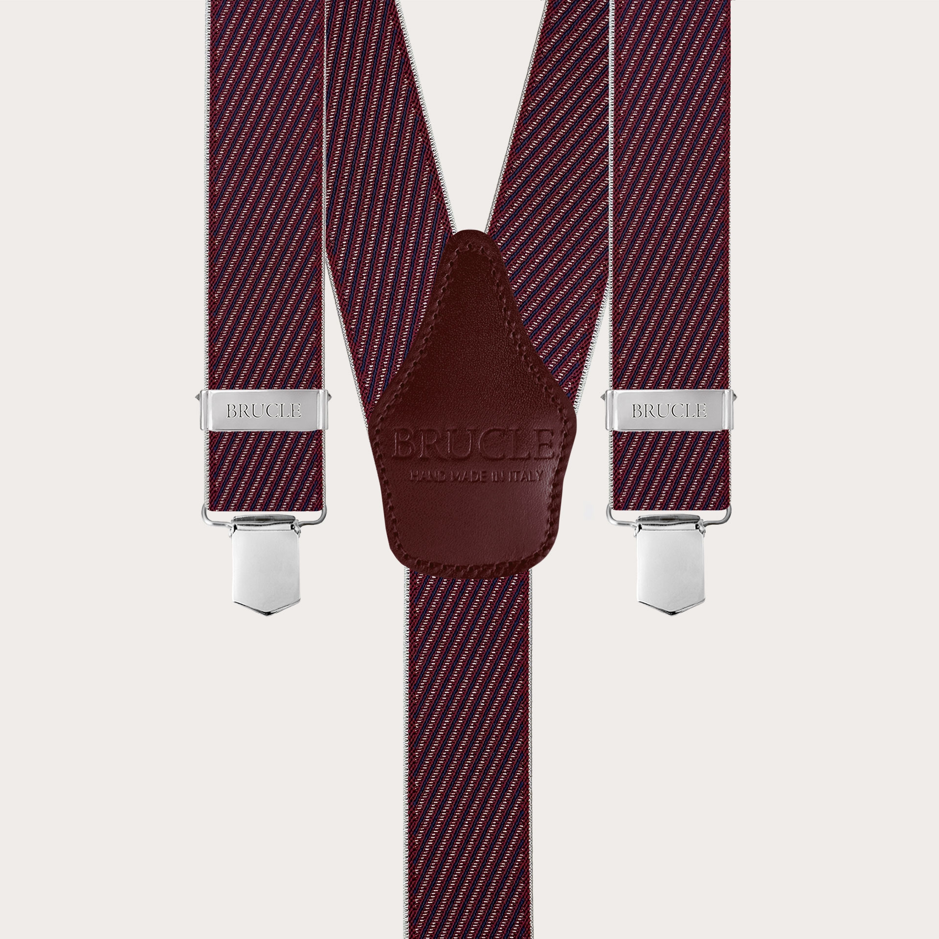 Elastic suspenders in burgundy and blue stripes with clips