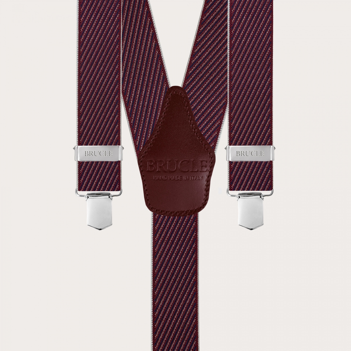Elastic suspenders in burgundy and blue stripes with clips