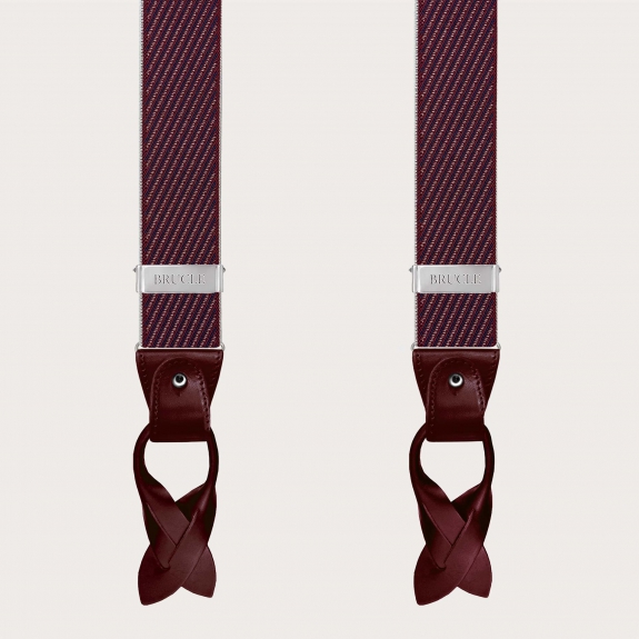 Elegant men's burgundy suspenders with diagonal stripes for buttons or clips