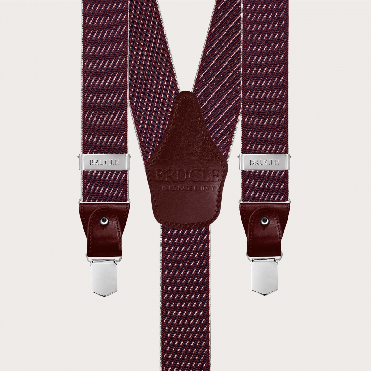 Elegant men's burgundy suspenders with diagonal stripes for buttons or clips