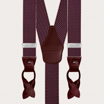 Elegant men's burgundy suspenders with diagonal stripes for buttons or clips