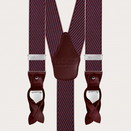 Elegant men's burgundy suspenders with diagonal stripes for buttons or clips