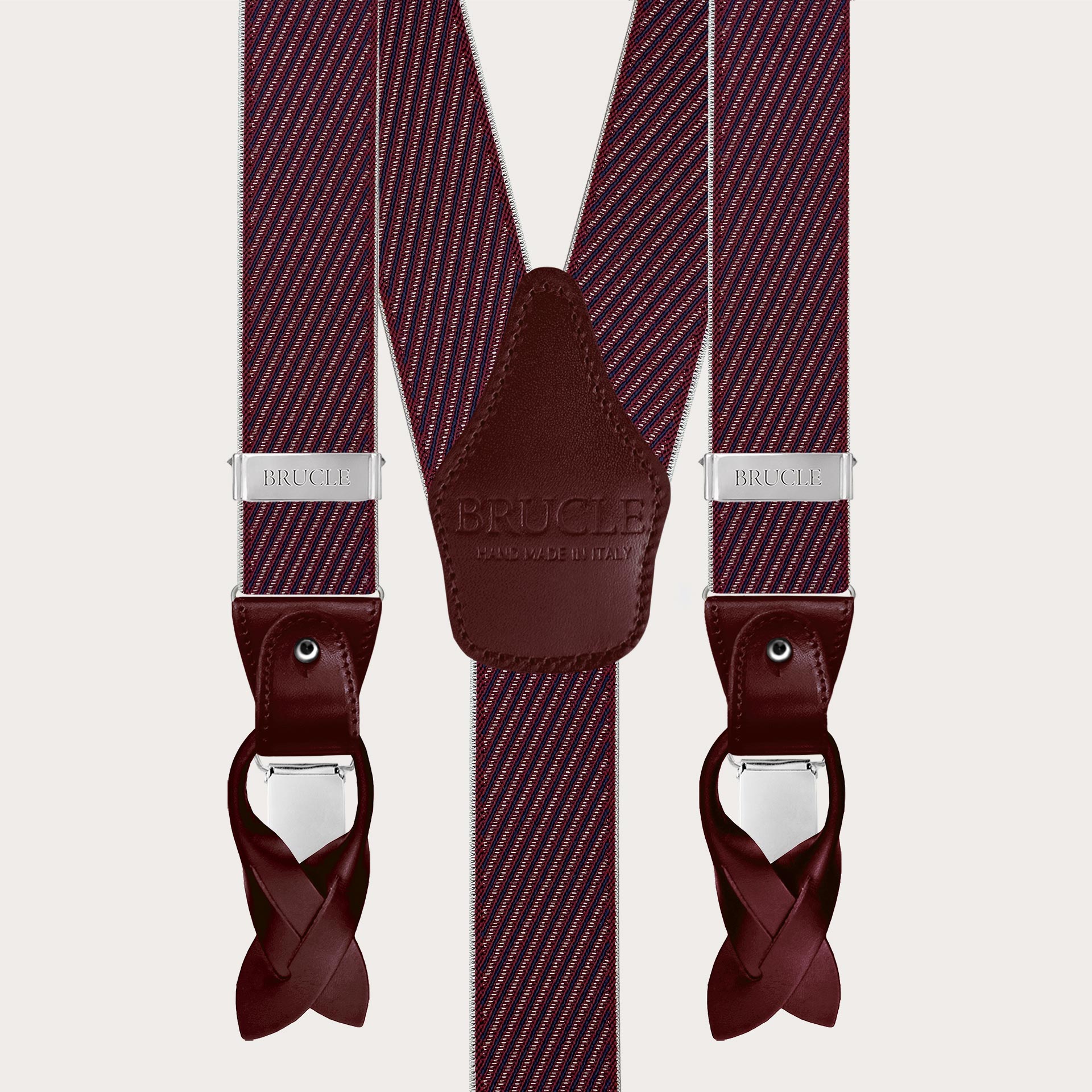 Elegant men's burgundy suspenders with diagonal stripes for buttons or clips