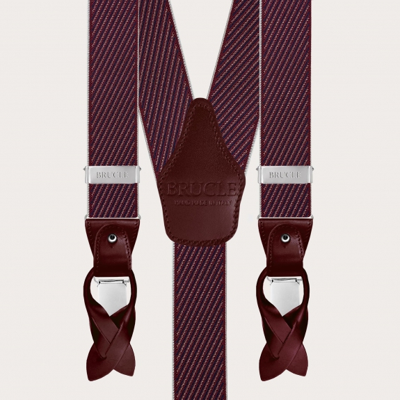 Elegant men's burgundy suspenders with diagonal stripes for buttons or clips