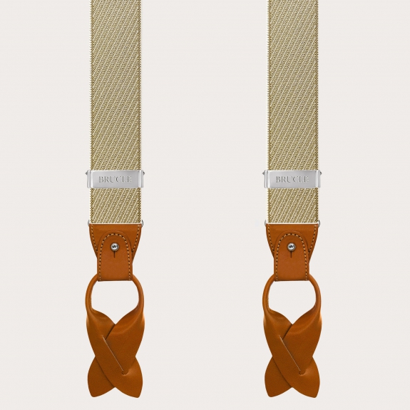 Elegant men's beige and gold oblique-striped suspenders for buttons or clips