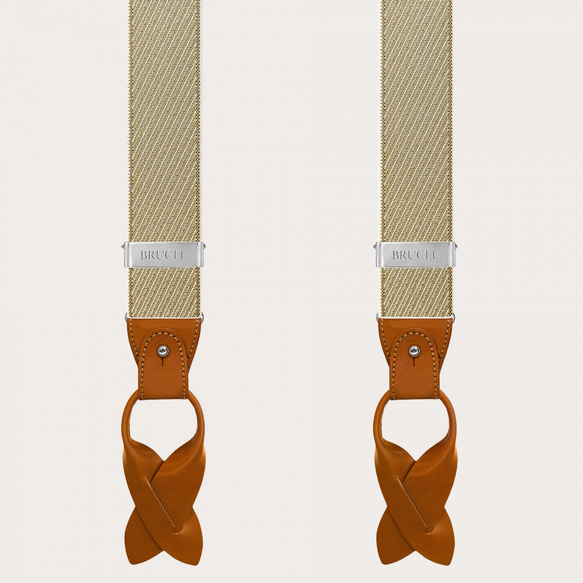 Elegante Herren Hosenträger in Beige und Gold mit schrägen Streifen für Knöpfe oder Clips