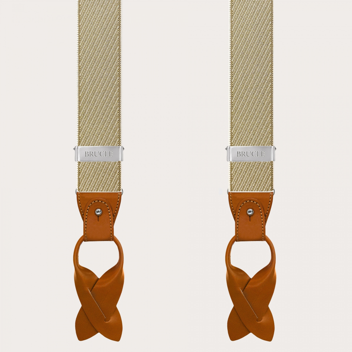 Elegante Herren Hosenträger in Beige und Gold mit schrägen Streifen für Knöpfe oder Clips