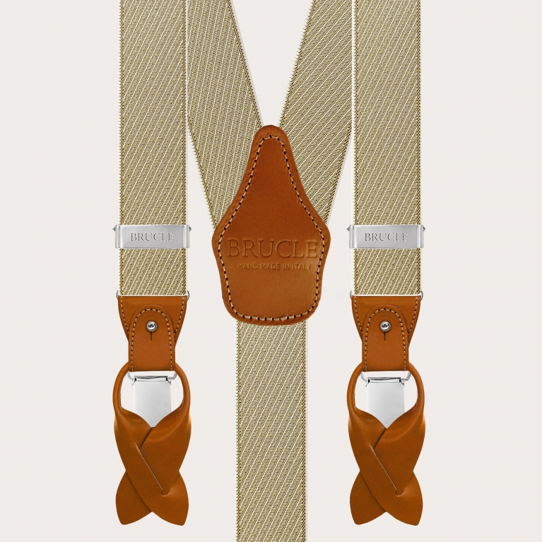 Bretelle uomo eleganti beige e oro a righe oblique per bottoni o clip