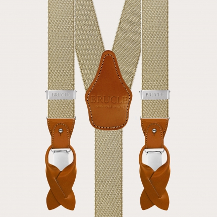 Elegant men's beige and gold oblique-striped suspenders for buttons or clips