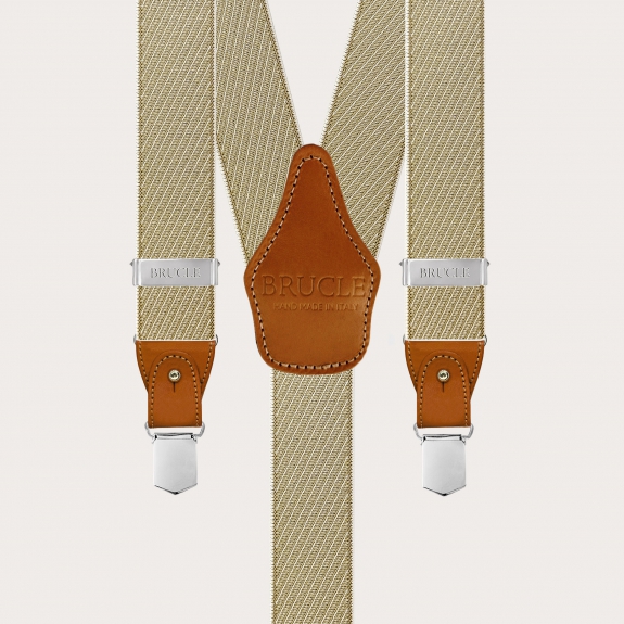 Elegante Herren Hosenträger in Beige und Gold mit schrägen Streifen für Knöpfe oder Clips