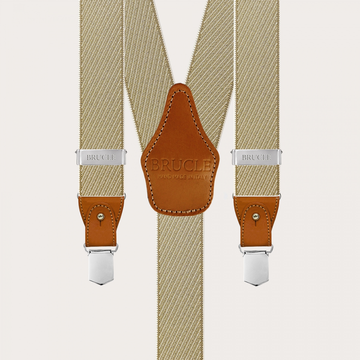 Bretelles homme élégantes beige et or à rayures obliques pour boutons ou clips