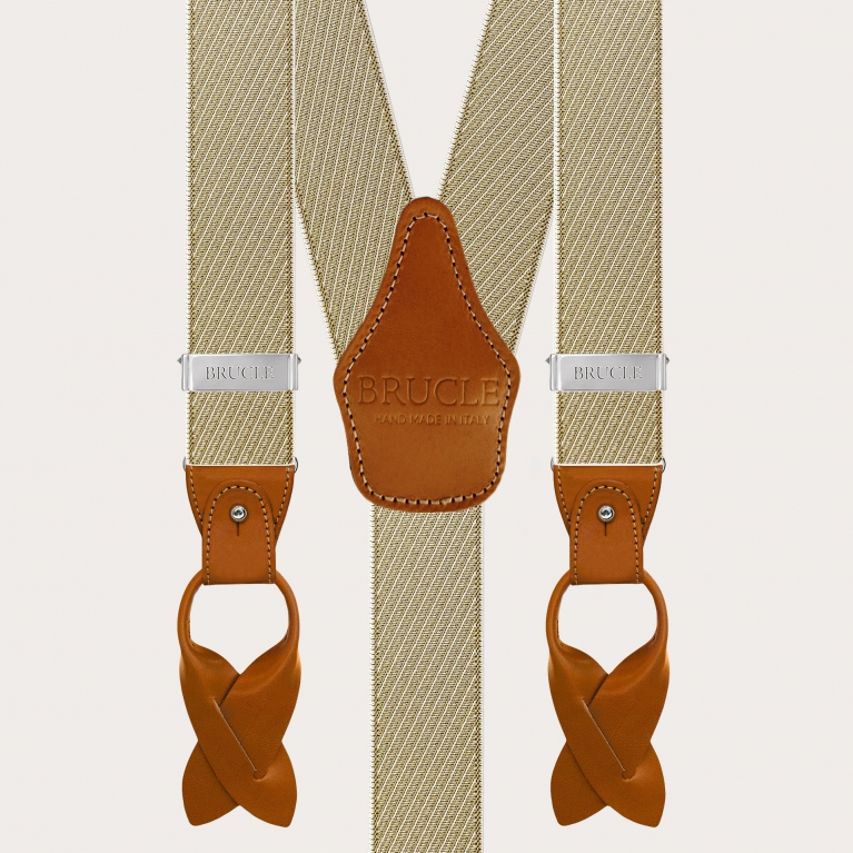 Elegante Herren Hosenträger in Beige und Gold mit schrägen Streifen für Knöpfe oder Clips