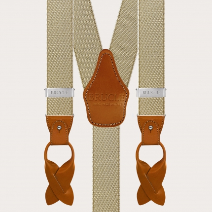 Bretelle uomo eleganti beige e oro a righe oblique per bottoni o clip